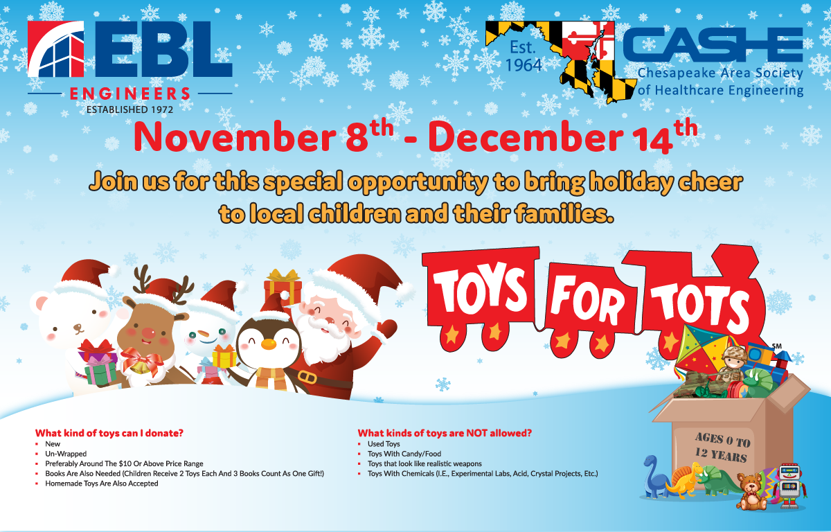 Cartoon image of winter scene with Santa and toys and Toys for Tot logo